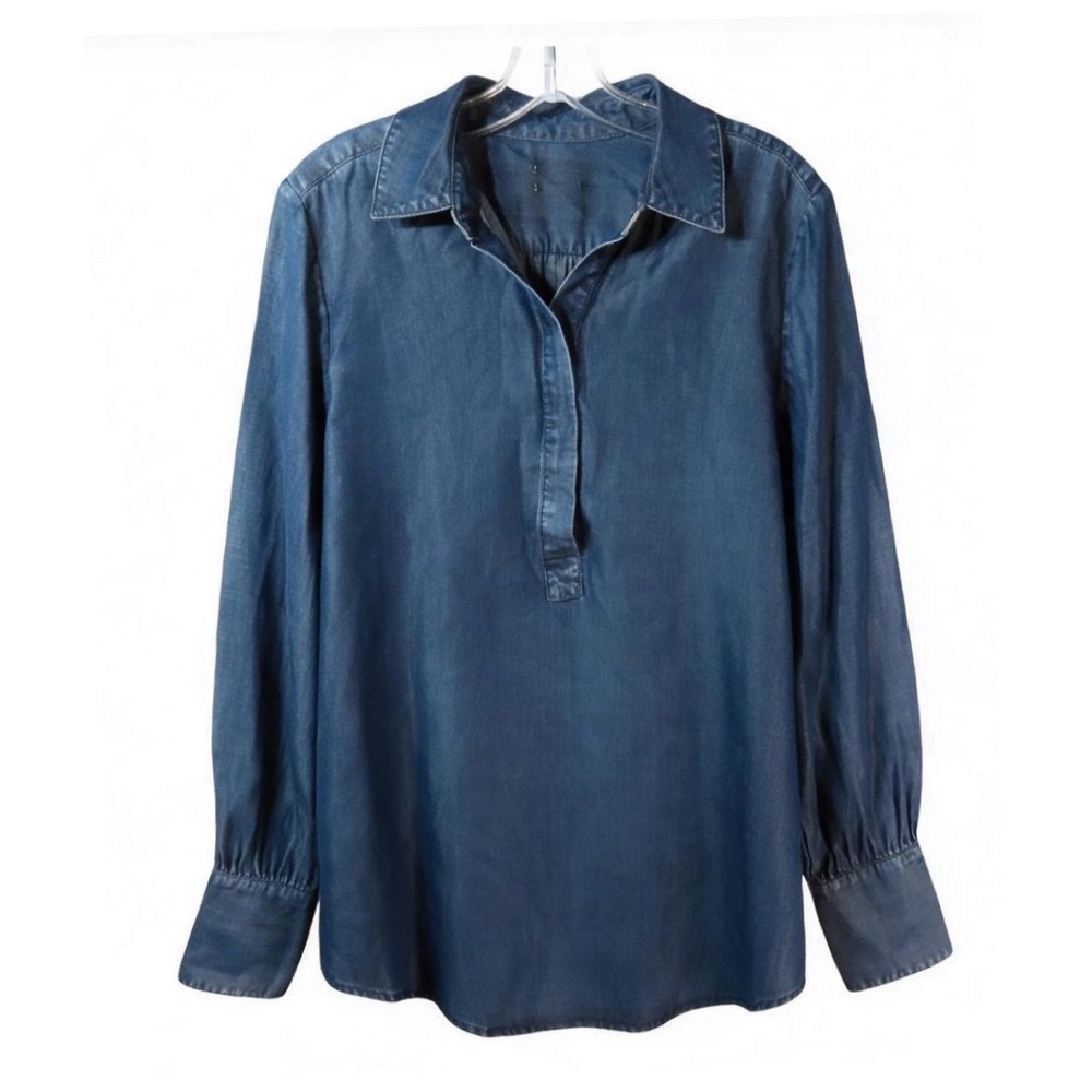 CHICO'S Dark Blue Denim Color TENCEL POPOVER TOP Blouse Tunic 1/2-Button Up SZ 1